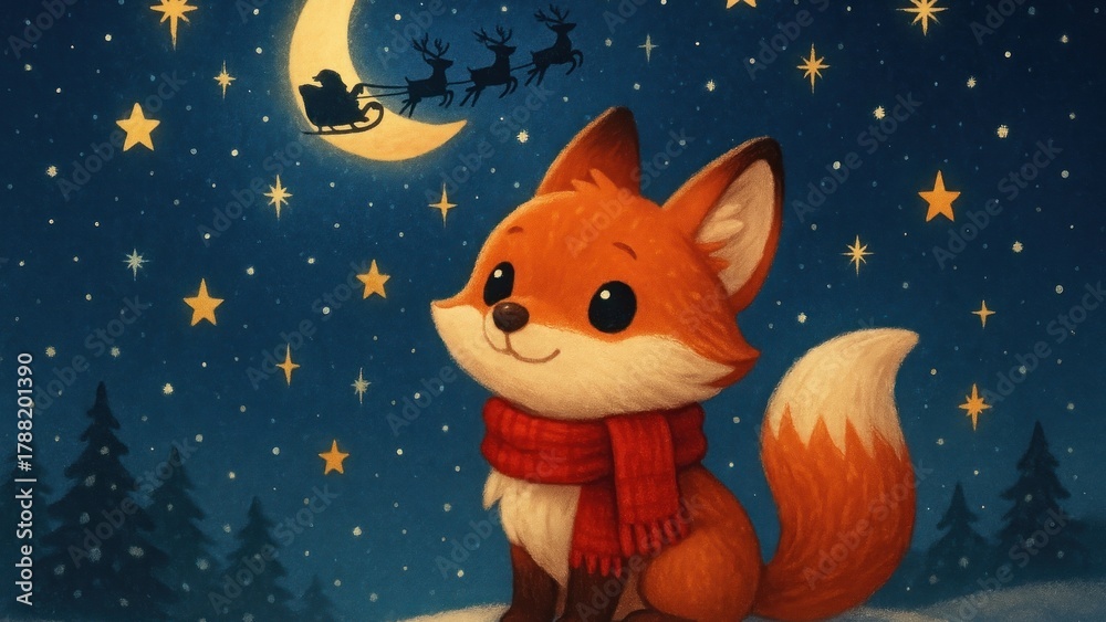 Obraz premium Cute fox under starry sky desktop wallpaper
