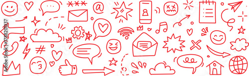 Collection of red hand drawn social media and communication icons A vibrant collage of red hand-drawn icons representing social media, communication, and digital interaction elements.