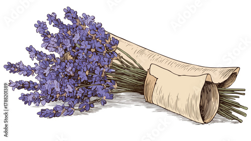 Elegant Lavender Flowers Bundle with Decorative Scroll Vector Illustration