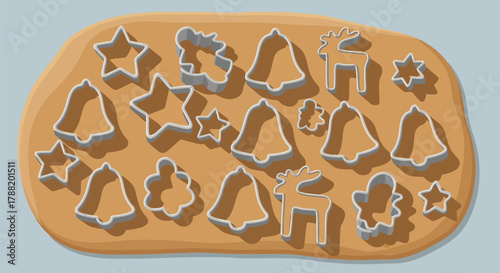 Collection of christmas themed cookie cutters including stars bells reindeer trees and flowers on a bed of raw cookie dough