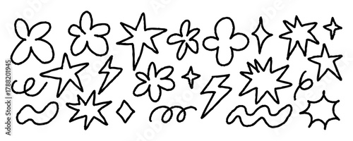 Hand drawn doodle cartoon elements in cute black line style, fun abstract vector illustration with playful creative shapes, and cute black doodles featuring stars, flowers, and lightning icons