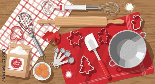 Overhead view of baking ingredients and tools including flour eggs whisk rolling pin spatula cookie cutters and a bowl on a wooden table