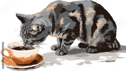 Cat Drinking from Coffee Cup Vector with Outline Isolated