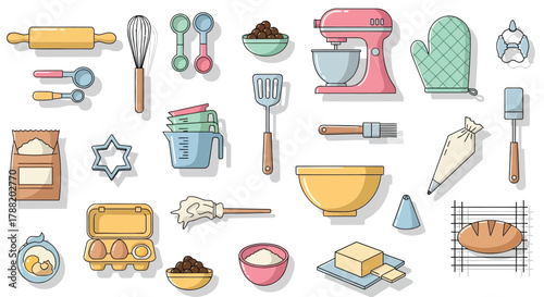 A collection of colorful flat design baking ingredients and kitchen tools for making delicious treats and desserts