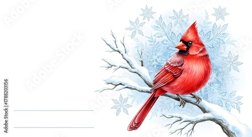 A vibrant male cardinal perched on a snow-covered branch with snowflakes for winter greeting cards, seasonal banners, and nature-themed website backgrounds, with copy space