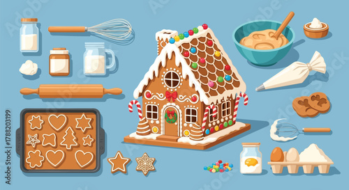 Decorating a festive gingerbread house with icing candy and baking tools for christmas holidays
