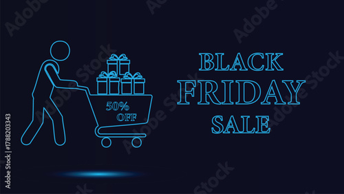 Black Friday Sale Promotional Vector Illustration Featuring Stick Figure Customer Pushing Shopping Cart Filled With Discounted Gift Boxes And Fifty Percent Off Text Outline Design