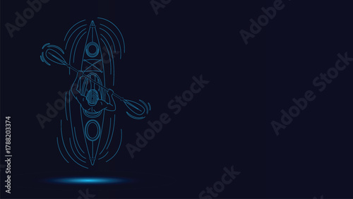 Detailed Blue Neon Line Art Vector Illustration Of A Person Kayaking Or Canoeing With A Paddle Creating Water Ripples On A Deep Dark Background Top View Perspective Design