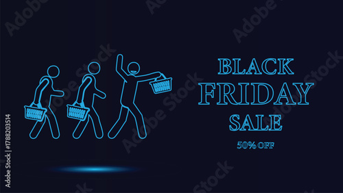 Dynamic Black Friday Sale Vector Illustration Showing Excited Shoppers Carrying Baskets During a Massive 50 Percent Off Seasonal Discount Event Banner Design Template for Promotional Marketi