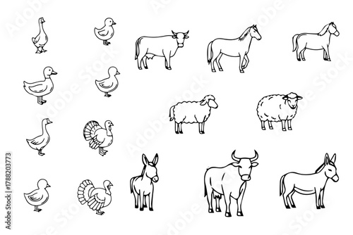 duck , donkey, cow, horse line silhouette