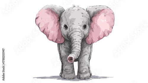 Cute Baby Elephant Drawing with Pink Nose - Vector Illustration