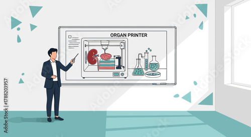 Illustration of a presenter discussing the revolutionary organ printing technology concept future