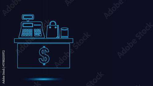 Neon Blue Outline Vector Illustration of a Retail Checkout Counter Featuring a Cash Register Point of Sale System Shopping Bag and Dollar Sign Icon Representing Modern Commerce and Financial