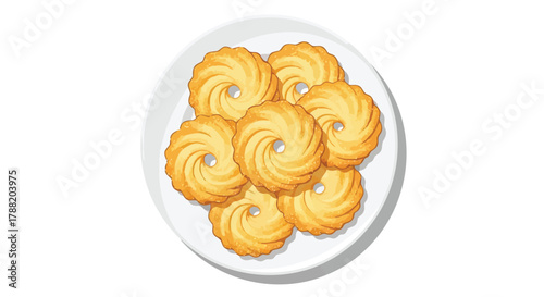 A plate of delicious golden brown butter swirl cookies arranged in a pleasing pattern on a white dish