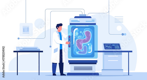 Illustration of a scientist analyzing organ preservation technology in a research laboratory