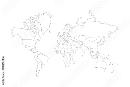 World Map Line Art. Editable. Flat Vector Ai, EPS. Stroke Line. Map Illustrations. Solid White Background. Minimalist
