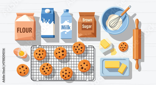 Overhead view of ingredients and tools for baking delicious chocolate chip cookies on a white wooden table