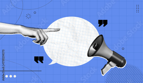 Trendy Halftone Collage Hand showing speech bubble. Megaphone with message and quote symbols. Social media communication , promotion and marketing. Online news. Contemporary vector illustration art
