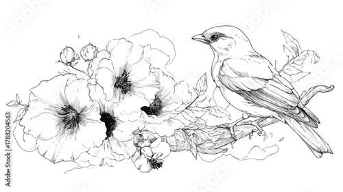 Bird and Flowers Vector Illustration with Bird, Nature Artwork, Floral Design