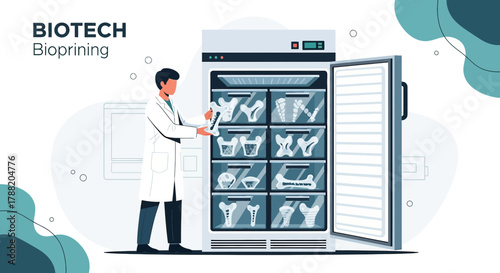 Illustration of a scientist in a lab with a freezer containing bioprinted organs showcasing