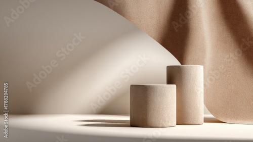 mocha cylinder podiums, soft ambient light, curved backdrop sweep, gentle shadow falloff