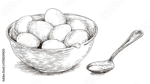 Elegant Drawing of Bowl of Eggs and Spoon with Spoon in it