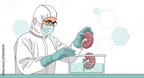 Illustration of a scientist in protective suit holding a human kidney for medical research and
