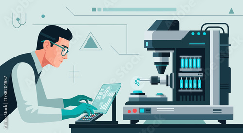 Illustration of a scientist operating a high-tech machine with a laptop in a laboratory setting