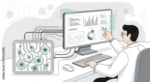 Illustration of a scientist performing AI analysis on a computer screen interface
