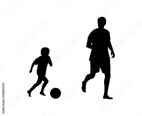 Father and son playing soccer silhouette. Family bond and sports activity vector illustration
