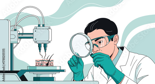 Illustration of a scientist using advanced technology for skin research and analysis in a