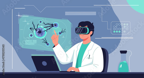 Illustration of a scientist using VR technology to study microscopic organisms within a lab