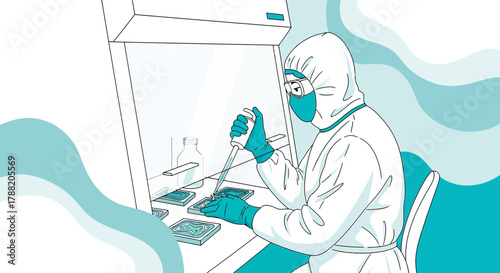 Illustration of a scientist working in a biosafety cabinet performing laboratory research