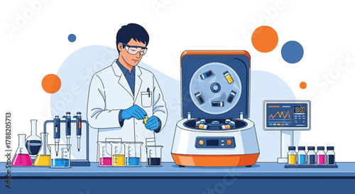 Illustration of a scientist working in a laboratory with various scientific instruments and samples