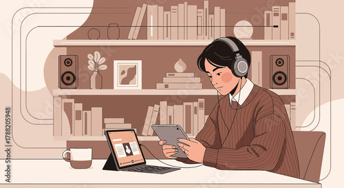 Illustration of a young man enjoying leisure time at home with books and technology