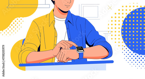 Illustration of a young man using a smartwatch with colorful background elements and outlines that