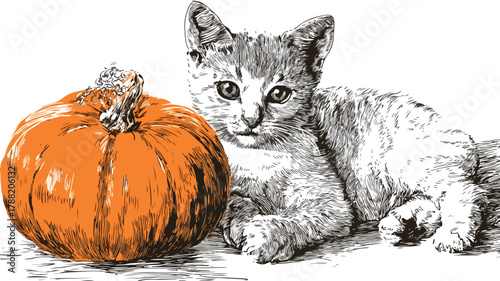 Whimsical Drawing of Cat and Pumpkin with Carved Pumpkin, Halloween Concept