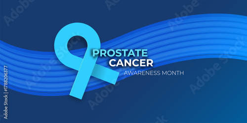 Prostate cancer awareness month banner with blue ribbon and blue wave. November is prostate cancer awareness month. Mens health month