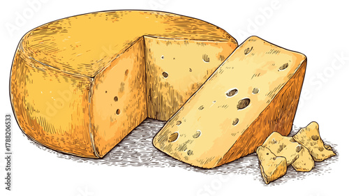 Cheese Drawing with Piece of Cheese Vector Illustration