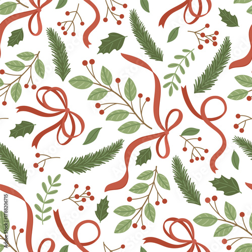 Christmas seamless pattern with leaves berries and red ribbons