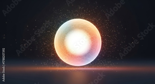 Luminous iridescent orb floating above a surface, with light particles around it