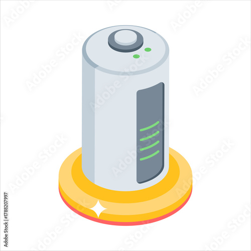 An isometric icon of a battery with a charging indicator