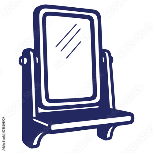 Stylized vanity mirror illustration with reflection and shelf in vintage style perfect for bathroom decor and personal care promotion