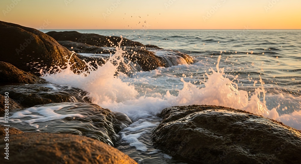 Obraz premium Sunset Ocean Waves Crashing Over Rocky Shore at Dusk with Warm Light