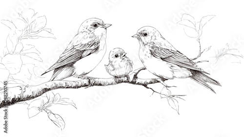 Beautiful illustration of two birds on a tree branch with a baby bird