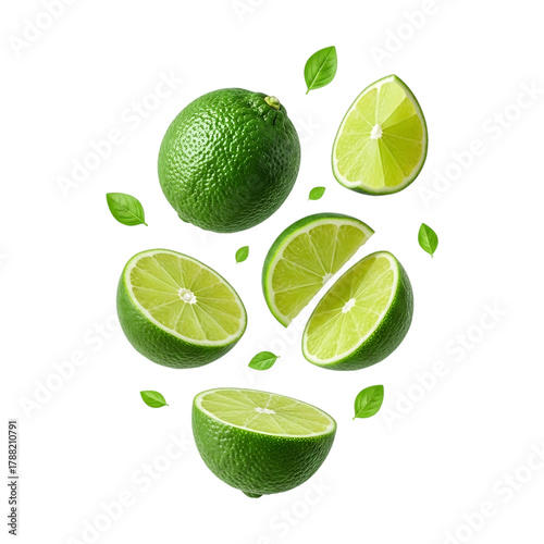 Fresh green limes and leaves floating in the air isolated on transparent background