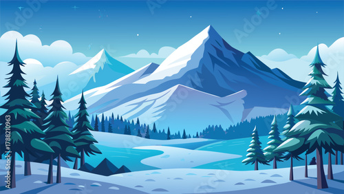 A serene winter landscape featuring snow-covered trees under a clear blue sky..eps