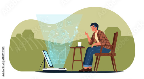 Innovative agricultural technology: Farmer using AI hologram for farm management and productivity