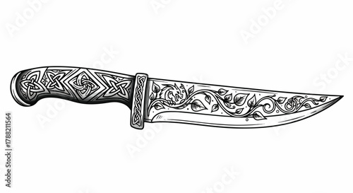 Detailed medieval knife vector illustration, featuring intricate engraving patterns and classic dark tattoo style motifs, isolated cleanly against a bright white background.