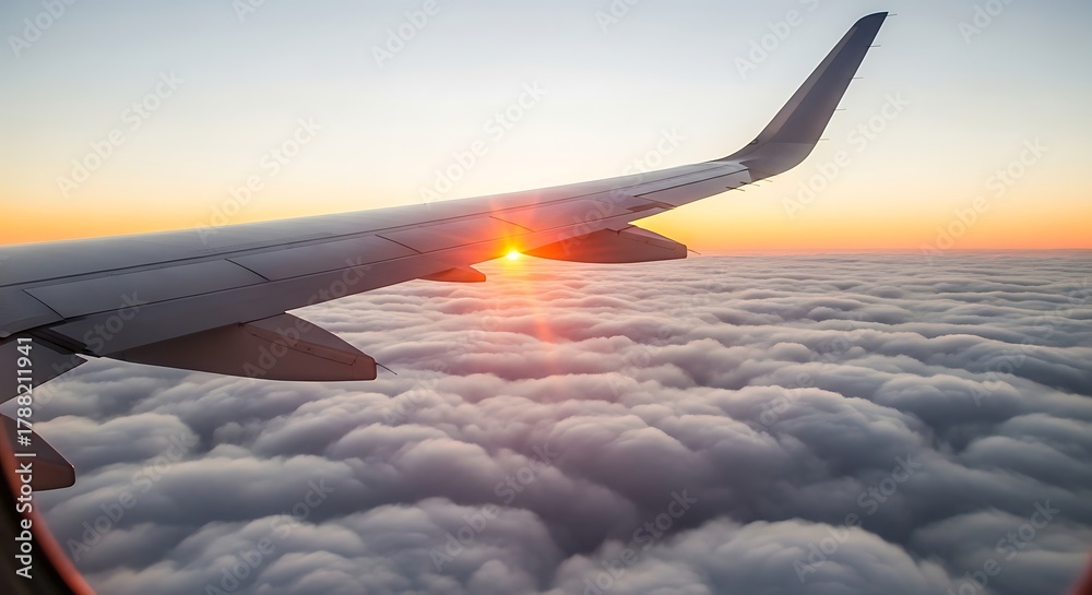 Obraz premium Airplane Wing Sunset Over Clouds During Flight in Bright Warm Light
